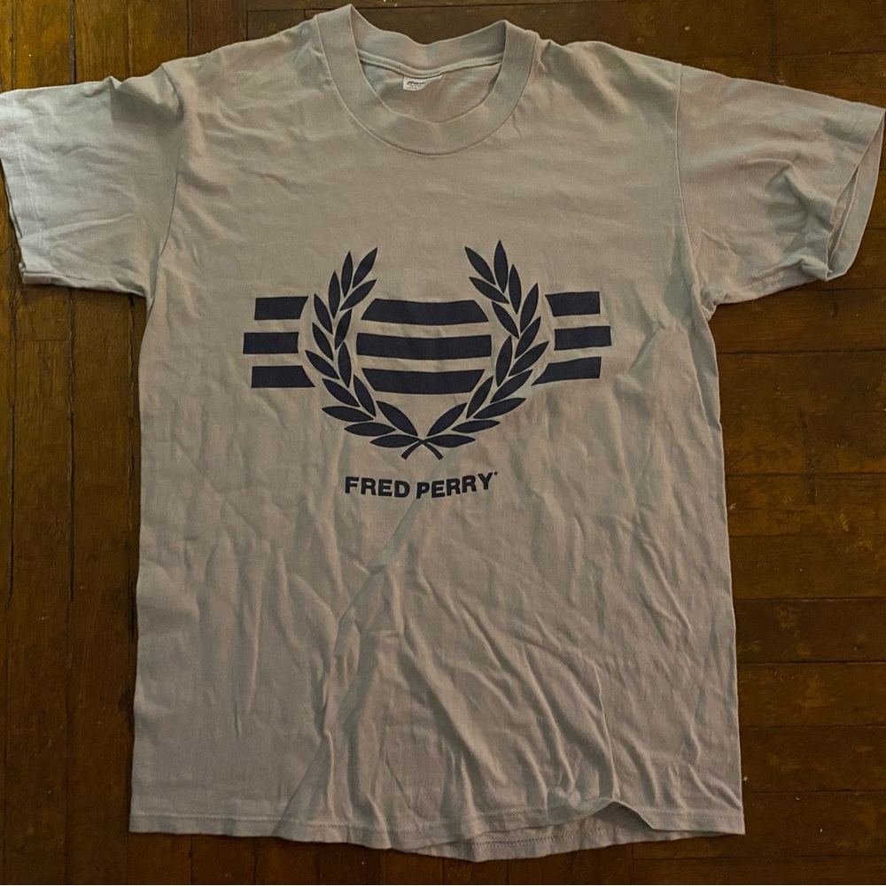 VINTAGE 80s FRED PERRY Light Grey Navy Blue Large T-Shirt